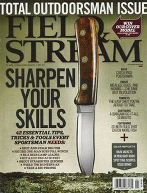 A magazine cover with a knife on it.